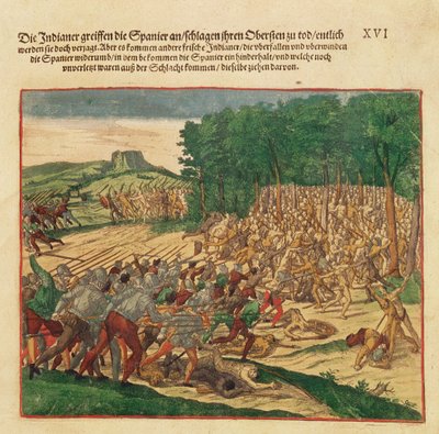Battle Between the Indians and the Spanish in which the Spanish Colonel was Beaten to Death by Theodore de Bry
